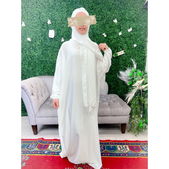 satin prayer dress with integrated hijab in white